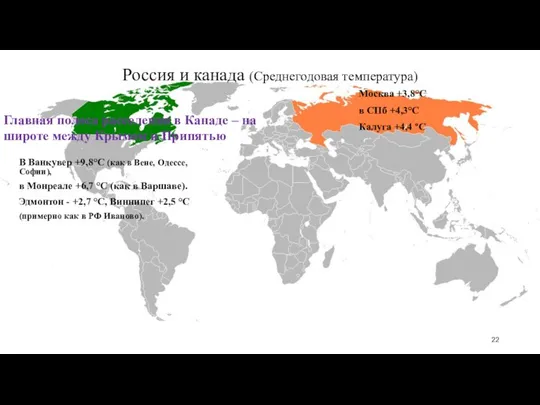 Россия и канада (Среднегодовая температура) Москва +3,8°С в СПб +4,3°С Калуга