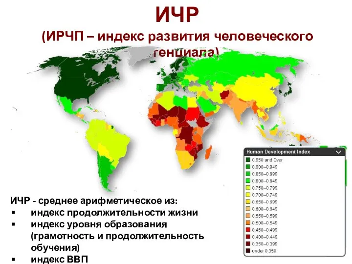 ИЧР - среднее арифметическое из: индекс продолжительности жизни индекс уровня образования