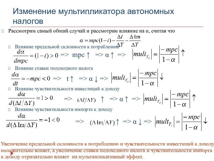 Изменение мультипликатора автономных налогов Рассмотрим самый общий случай и рассмотрим влияние