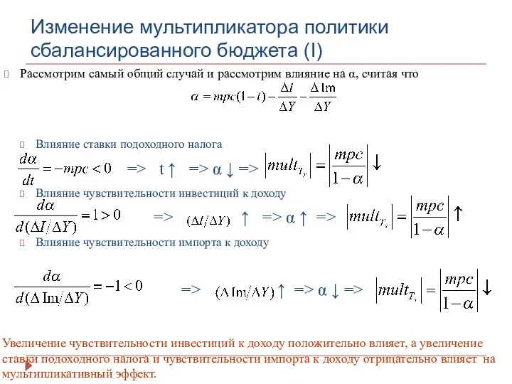 Изменение мультипликатора политики сбалансированного бюджета (I) Рассмотрим самый общий случай и