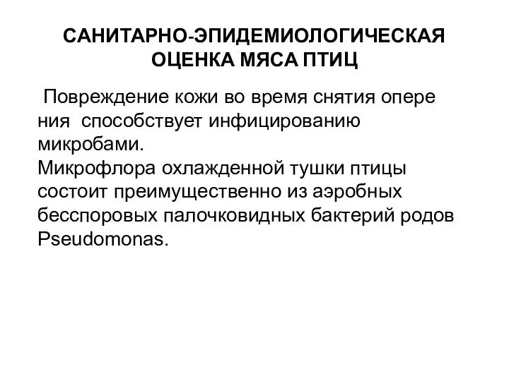 САНИТАРНО-ЭПИДЕМИОЛОГИЧЕСКАЯ ОЦЕНКА МЯСА ПТИЦ Повреждение кожи во время снятия опере­ния способствует