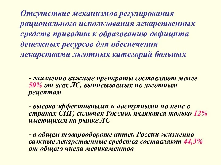 Отсутствие механизмов регулирования рационального использования лекарственных средств приводит к образованию дефицита