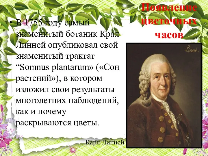 Появление цветочных часов В 1755 году самый знаменитый ботаник Крал Линней