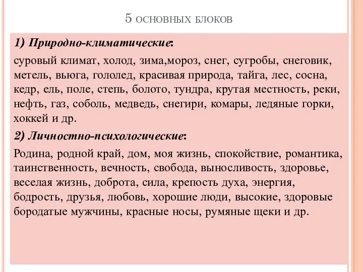 5 основных блоков 1) Природно-климатические: суровый климат, холод, зима,мороз, снег, сугробы,