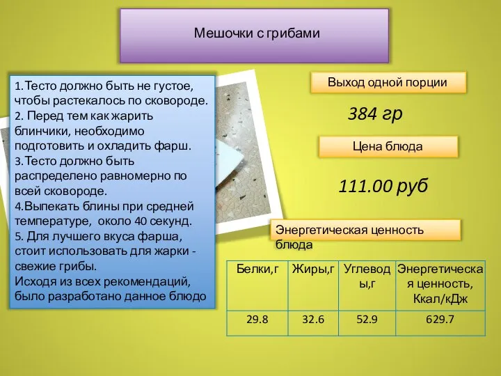 Мешочки с грибами Энергетическая ценность блюда Выход одной порции 384 гр