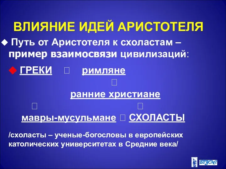 ВЛИЯНИЕ ИДЕЙ АРИСТОТЕЛЯ Путь от Аристотеля к схоластам – пример взаимосвязи