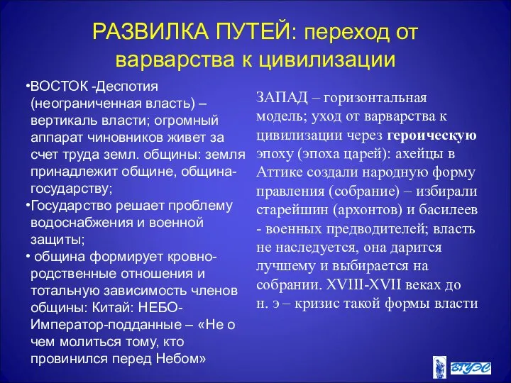 РАЗВИЛКА ПУТЕЙ: переход от варварства к цивилизации ВОСТОК -Деспотия (неограниченная власть)