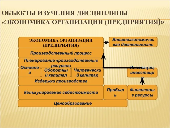 ОБЪЕКТЫ ИЗУЧЕНИЯ ДИСЦИПЛИНЫ «ЭКОНОМИКА ОРГАНИЗАЦИИ (ПРЕДПРИЯТИЯ)» ЭКОНОМИКА ОРГАНИЗАЦИИ (ПРЕДПРИЯТИЯ) Производственный процесс