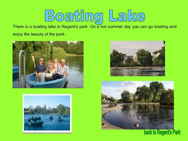 Boating Lake There is a boating lake in Regent’s park. On