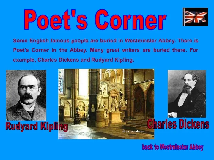 Poet's Corner back to Westminster Abbey Some English famous people are