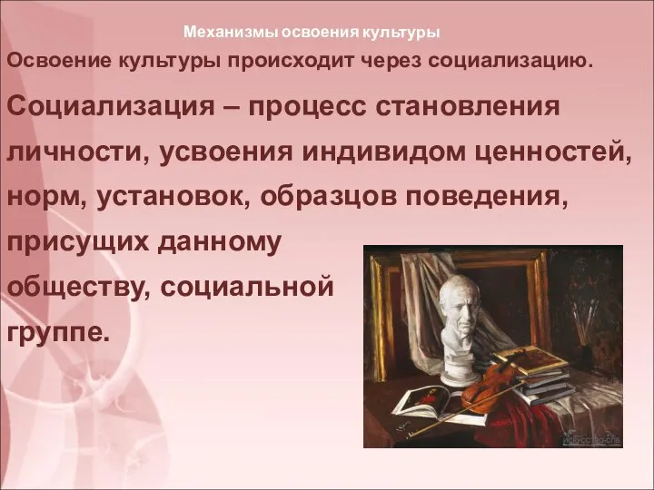 Механизмы освоения культуры Освоение культуры происходит через социализацию. Социализация – процесс