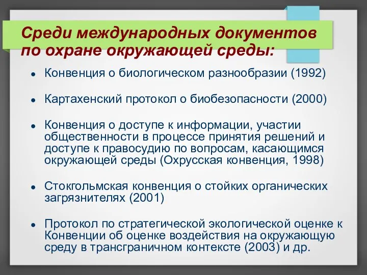 Среди международных документов по охране окружающей среды: Конвенция о биологическом разнообразии