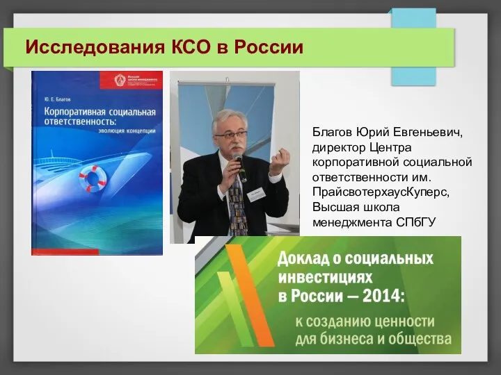 Исследования КСО в России Благов Юрий Евгеньевич, директор Центра корпоративной социальной