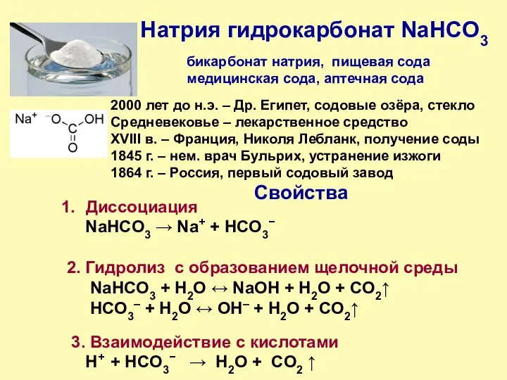 Натрия гидрокарбонат NaHCO3 2000 лет до н.э. – Др. Египет, содовые