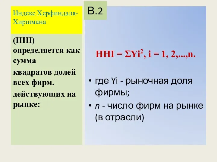 Индекс Херфиндаля-Хиршмана HHI = ΣYi2, i = 1, 2,...,n. где Yi