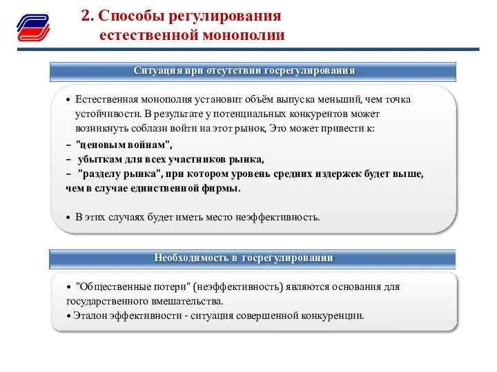 • Естественная монополия установит объём выпуска меньший, чем точка устойчивости. В