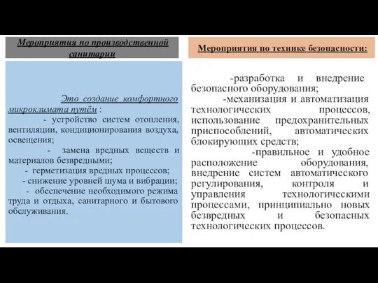 Мероприятия по производственной санитарии Мероприятия по технике безопасности: Это создание комфортного