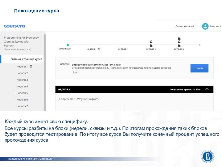 Каждый курс имеет свою специфику. Все курсы разбиты на блоки (недели,