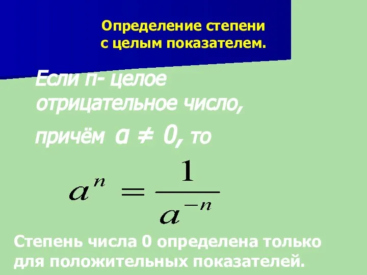 Определение степени с целым показателем. Если п- целое отрицательное число, причём