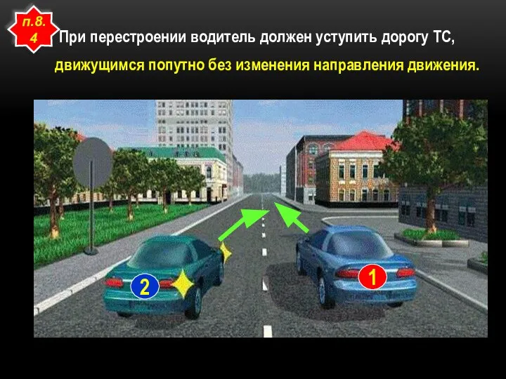 При перестроении водитель должен уступить дорогу ТС, движущимся попутно без изменения направления движения. п.8.4 1 2