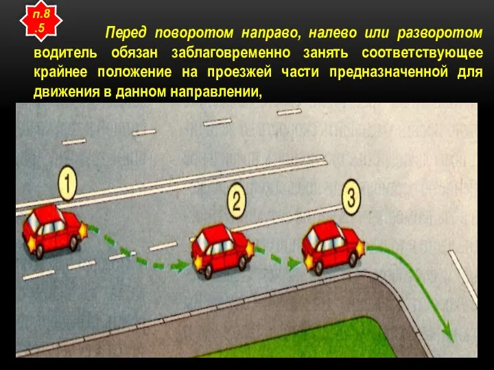Перед поворотом направо, налево или разворотом водитель обязан заблаговременно занять соответствующее