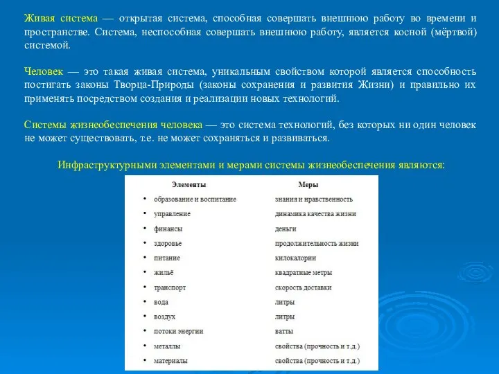 Живая система — открытая система, способная совершать внешнюю работу во времени