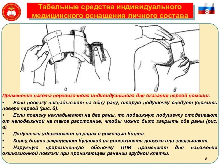 Табельные средства индивидуального медицинского оснащения личного состава Применение пакета перевязочного индивидуального