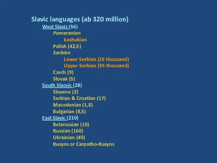 Slavic languages (ab 320 million) West Slavic (56) Pomeranian kashubian Polish
