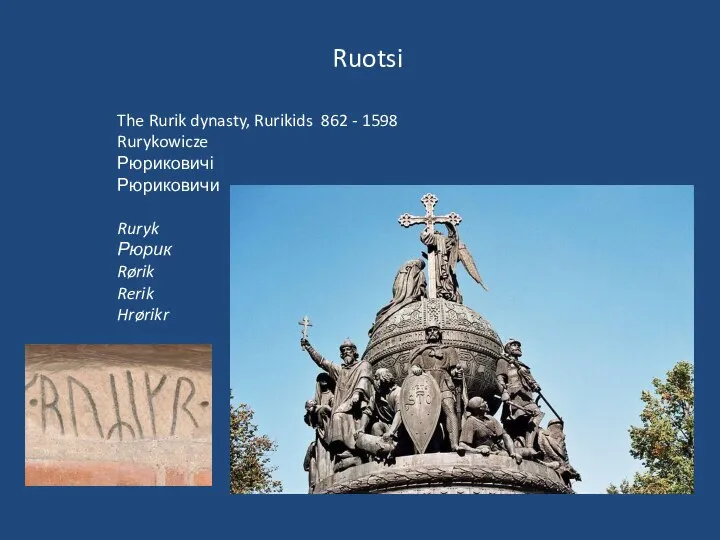 Ruotsi The Rurik dynasty, Rurikids 862 - 1598 Rurykowicze Рюриковичі Рюриковичи Ruryk Рюрик Rørik Rerik Hrørikr