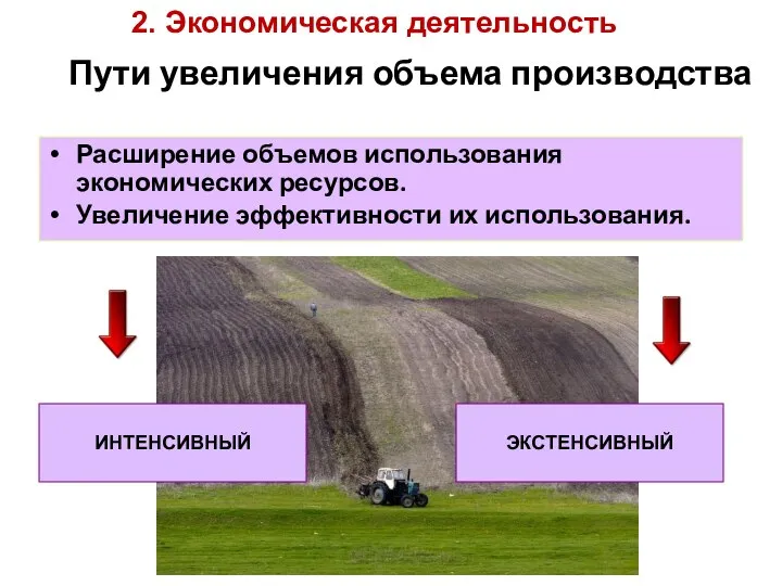 Пути увеличения объема производства Расширение объемов использования экономических ресурсов. Увеличение эффективности