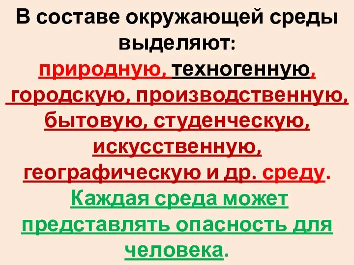 В составе окружающей среды выделяют: природную, техногенную, городскую, производственную, бытовую, студенческую,