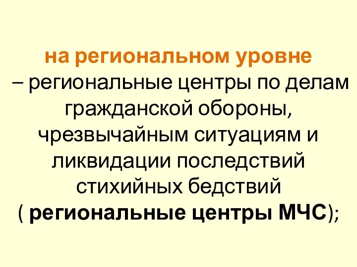 на региональном уровне – региональные центры по делам гражданской обороны, чрезвычайным