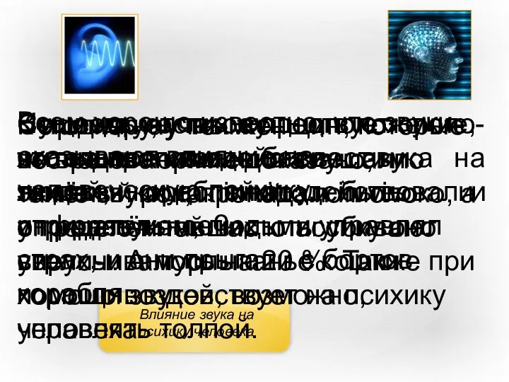 Влияние звука на психику человека Всем хорошо известно, что звуки оказывают