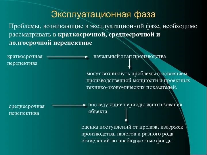 Эксплуатационная фаза Проблемы, возникающие в эксплуатационной фазе, необходимо рассматривать в краткосрочной,