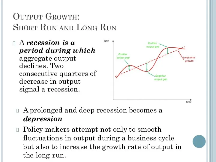 Output Growth: Short Run and Long Run A recession is a