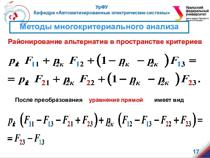 Районирование альтернатив в пространстве критериев Методы многокритериального анализа После преобразования уравнение прямой имеет вид