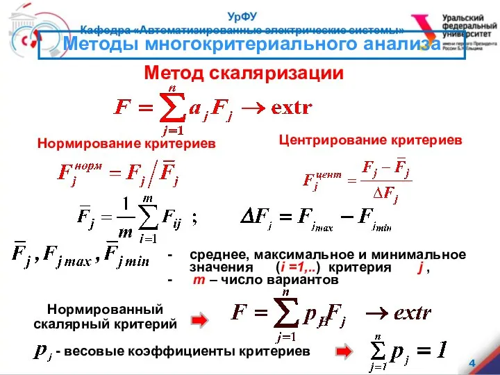 Методы многокритериального анализа Метод скаляризации Нормирование критериев Нормированный скалярный критерий -