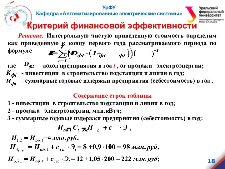 Критерий финансовой эффективности Решение. Интегральную чистую приведенную стоимость определим как приведенную