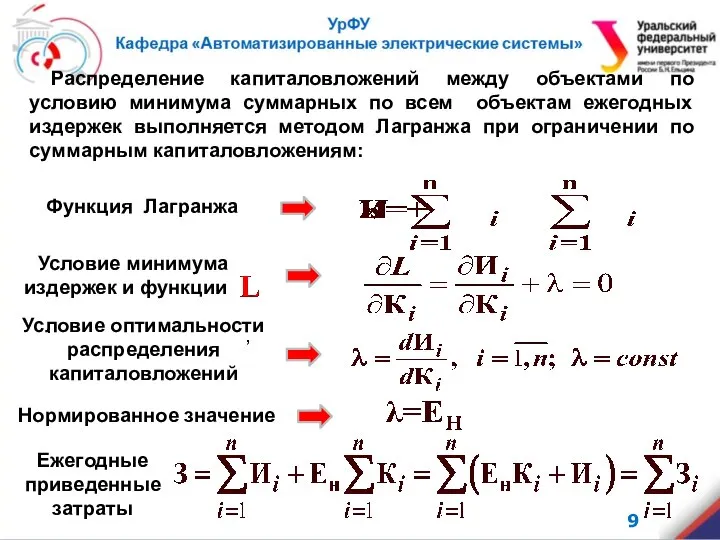 Нормированное значение . Условие минимума издержек и функции , Условие оптимальности