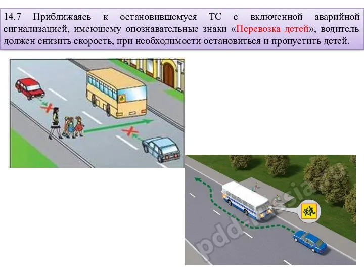 14.7 Приближаясь к остановившемуся ТС с включенной аварийной сигнализацией, имеющему опознавательные