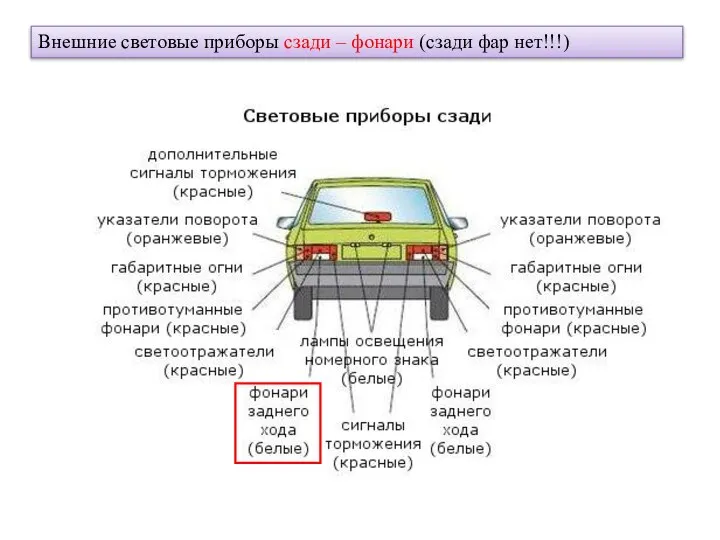 Внешние световые приборы сзади – фонари (сзади фар нет!!!)