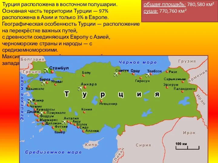 Турция расположена в восточном полушарии. Основная часть территории Турции — 97%