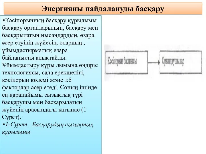 Энергияны пайдалануды басқару Кәсіпорынның басқару құрылымы басқару органдарының, басқару мен басқарылатын