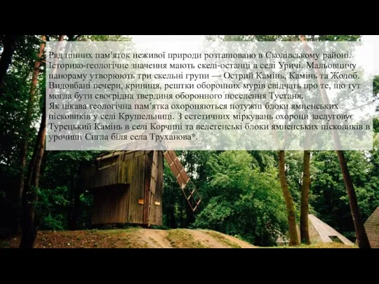 Ряд цінних пам'яток неживої природи розташовано в Сколівському районі. Історико-геологічне значення