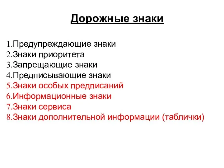 Дорожные знаки Предупреждающие знаки Знаки приоритета Запрещающие знаки Предписывающие знаки Знаки