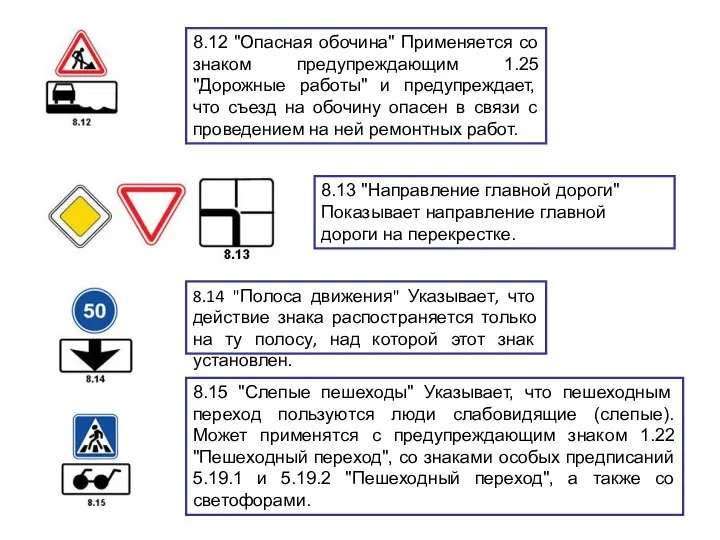 8.12 "Опасная обочина" Применяется со знаком предупреждающим 1.25 "Дорожные работы" и