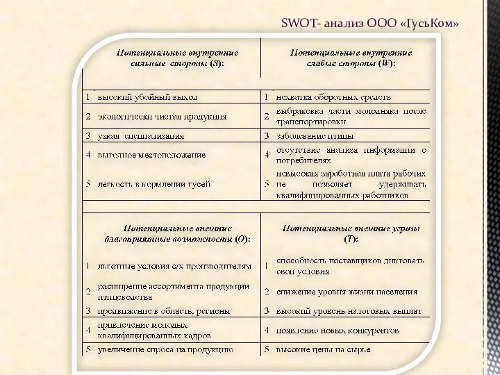 SWOT- анализ ООО «ГусьКом»