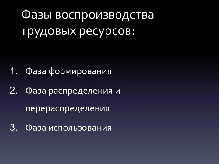 Фаза формирования Фаза распределения и перераспределения Фаза использования Фазы воспроизводства трудовых ресурсов: