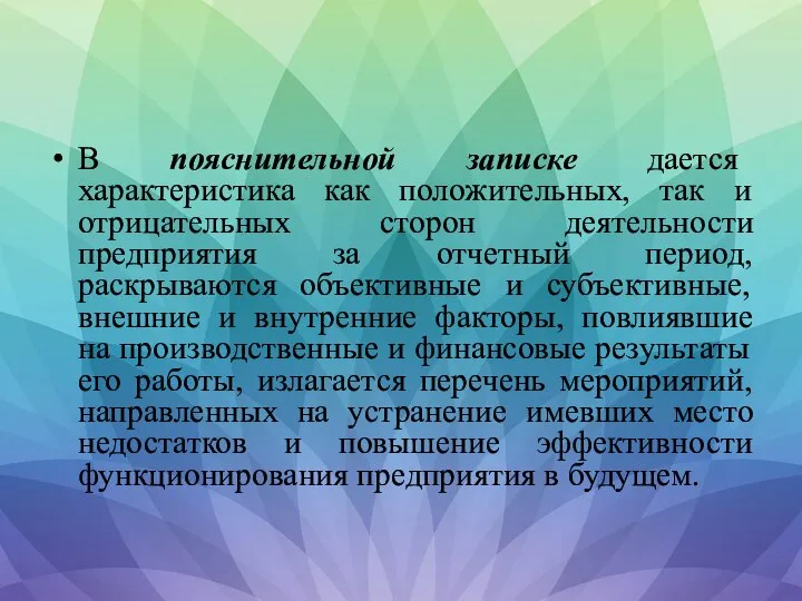 В пояснительной записке дается характеристика как положительных, так и отрицательных сторон