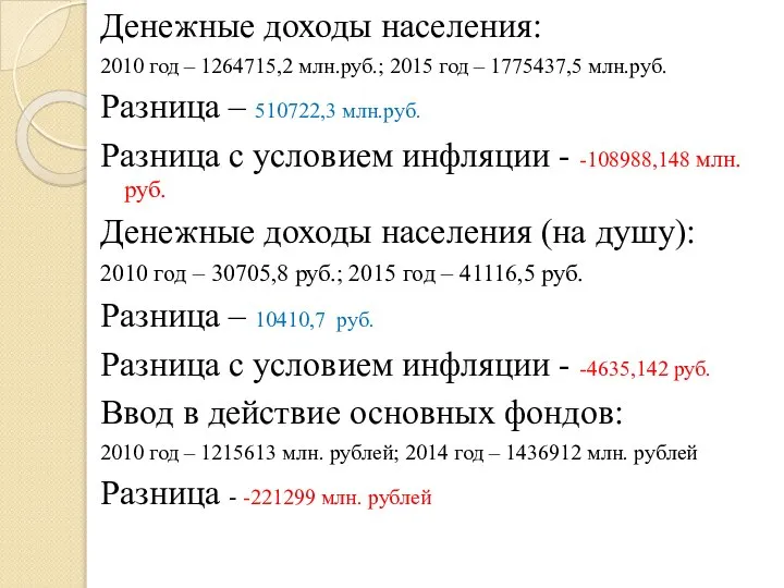 Денежные доходы населения: 2010 год – 1264715,2 млн.руб.; 2015 год –